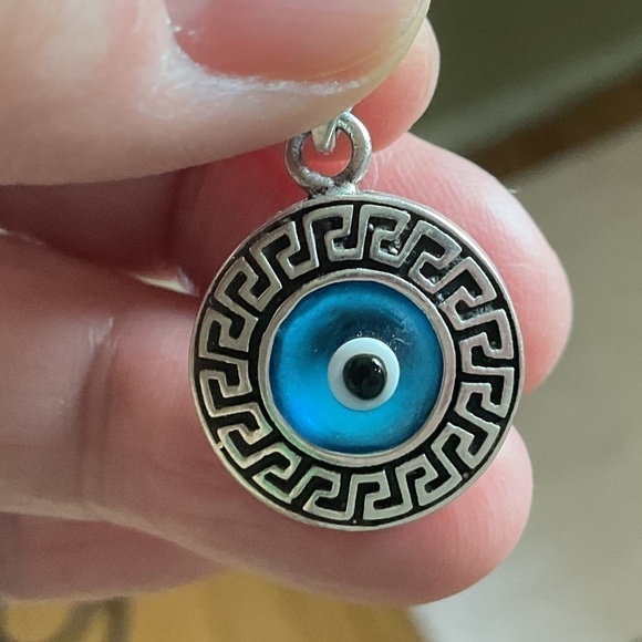Sterling Silver 925 Evil eye Greek Key design round pendant - Picture 5 of 9